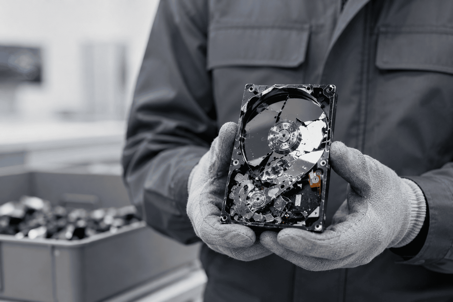 Technik trzymający zniszczony dysk HDD – dowód trwałego usunięcia danych